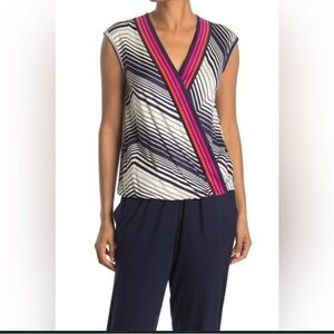 Trina Turk Sz Med Sleeveless Blue White Stripe Pink Orange Trim Career Office